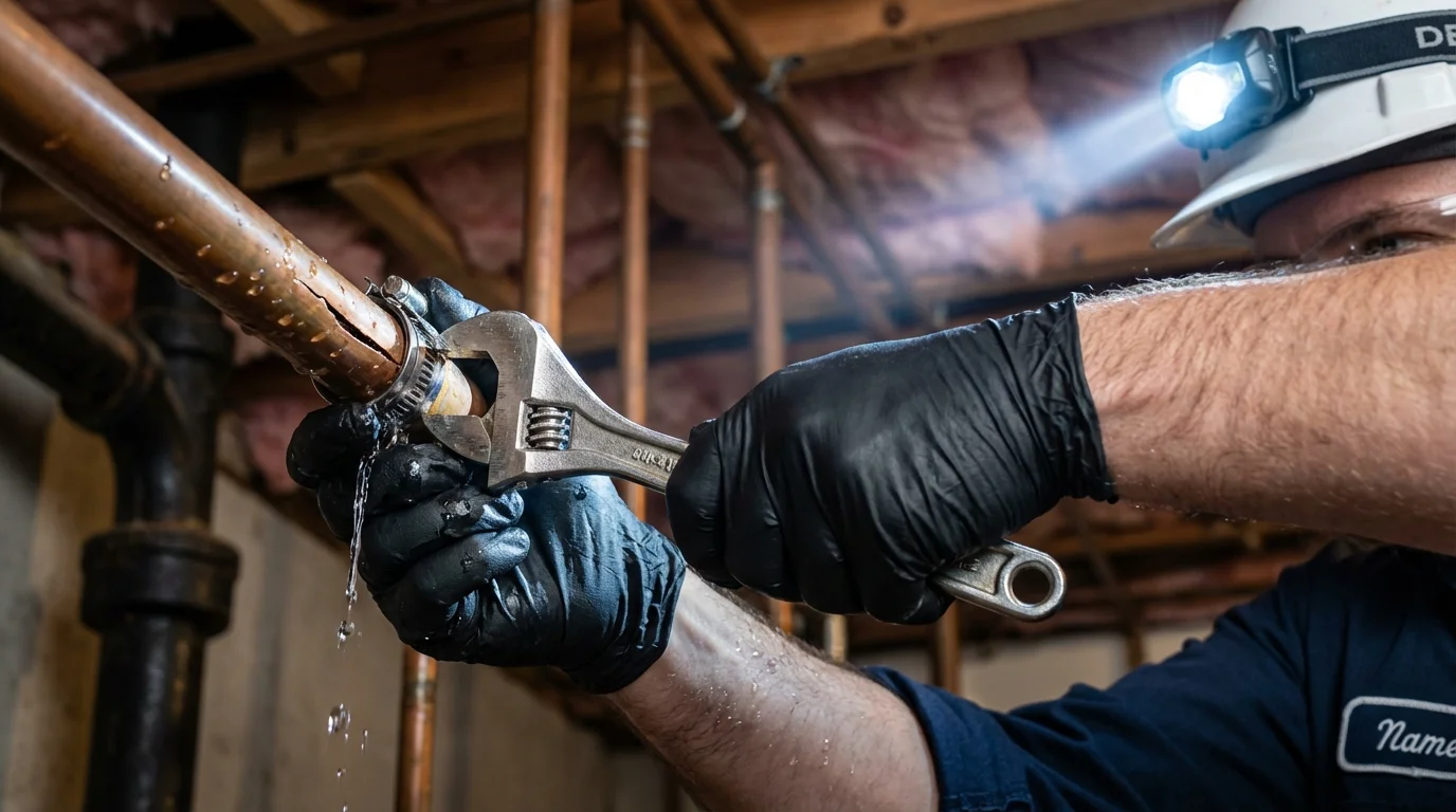 Emergency pipe clamp repair being performed by a Johns Plumbing LLC plumber in Gilbert