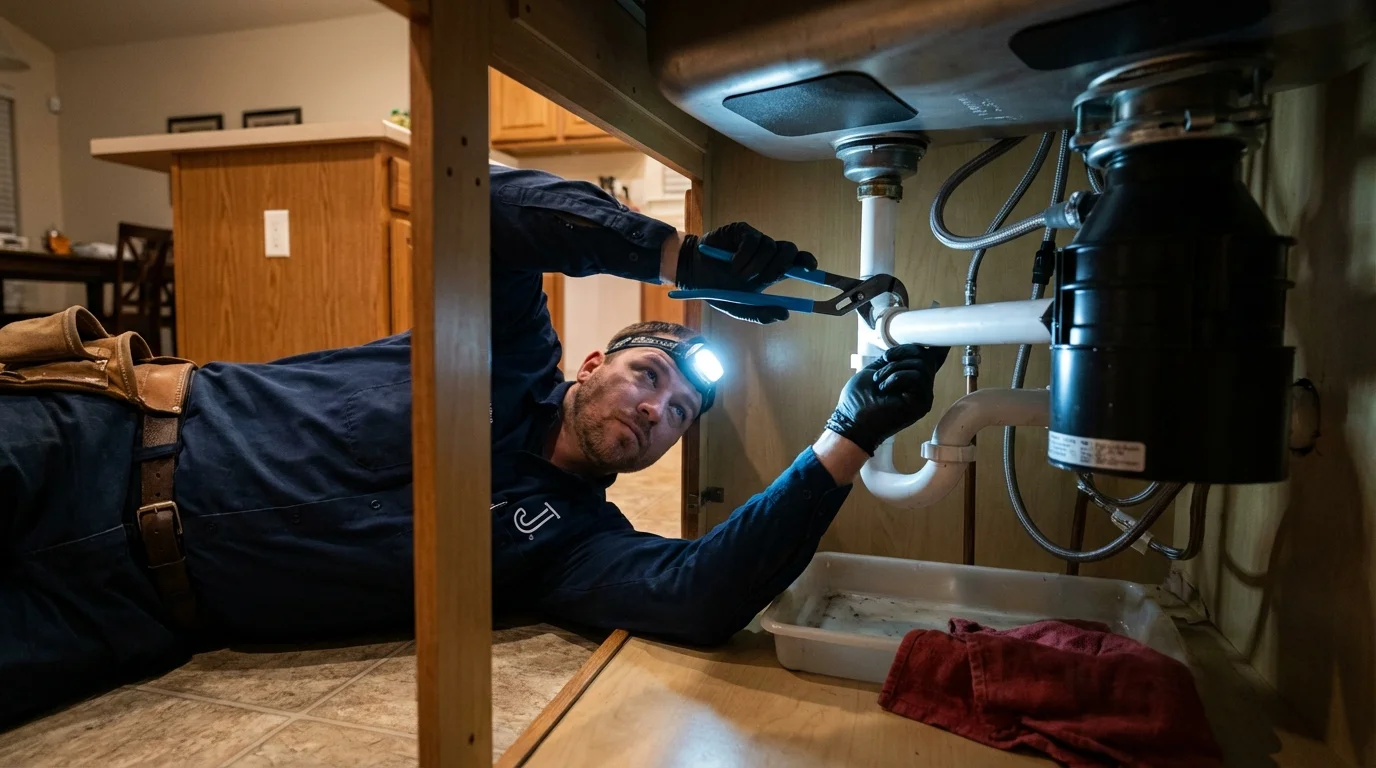P-trap and supply line connections under a kitchen sink showing a common leak point in Gilbert, AZ